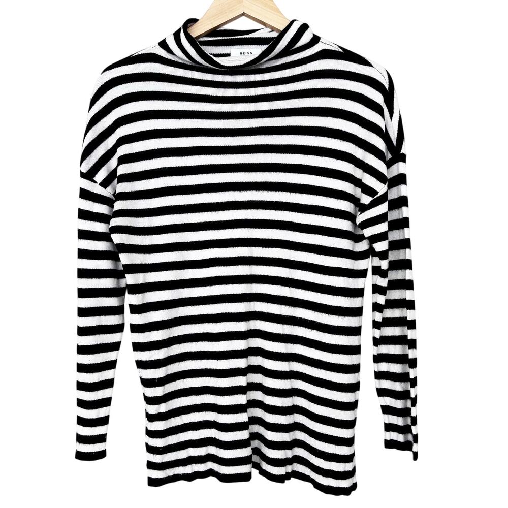 Reiss Black White Striped Mock Neck Sweater Sz M